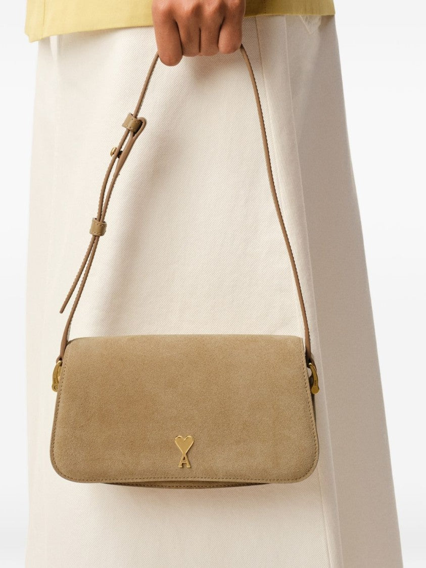 Ami Paris Beige Suede Gold Tone Plaque Bag