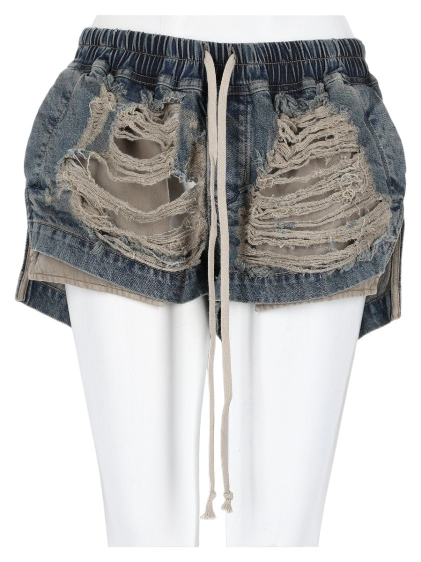 Drkshdw By Rick Owens Heavily Distressed Elastic Waistband Denim Shorts