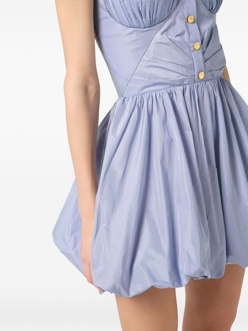 Elisabetta Franchi Oxford Blue Striped Dress With Pleated Skirt And Gold-Tone Accents