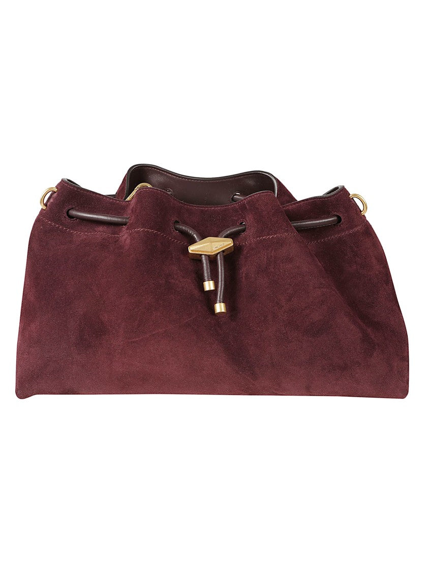 Jimmy Choo Burgundy Suede Handbag With Drawstring Closure And Brass Accents