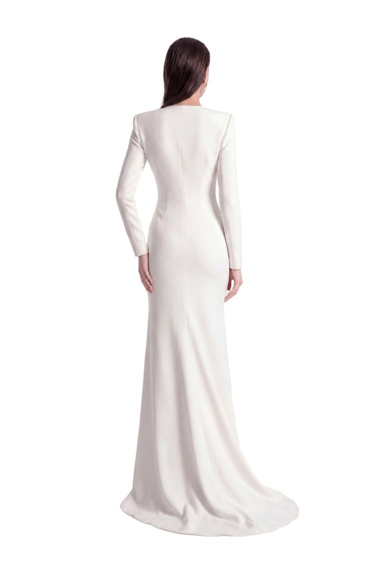 Saiid Kobeisy Floor-Length Fitted Dress With Sculpted Scalloped Plunge Neckline