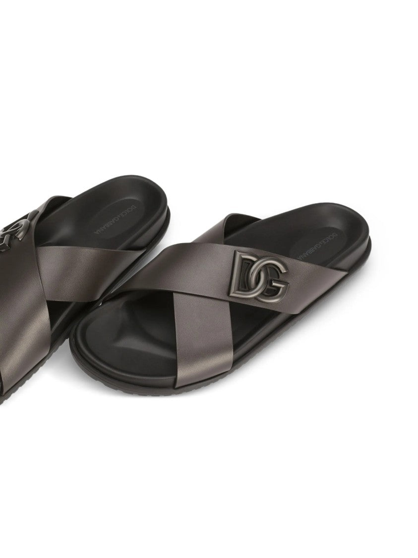 Dolce & Gabbana Brown Leather Interlocking Logo Slide Sandals