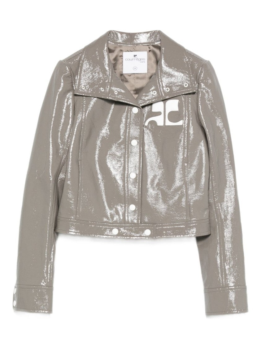 Courrèges Cropped Grey Jacket With Glossy Patent Finish And Bold Logo