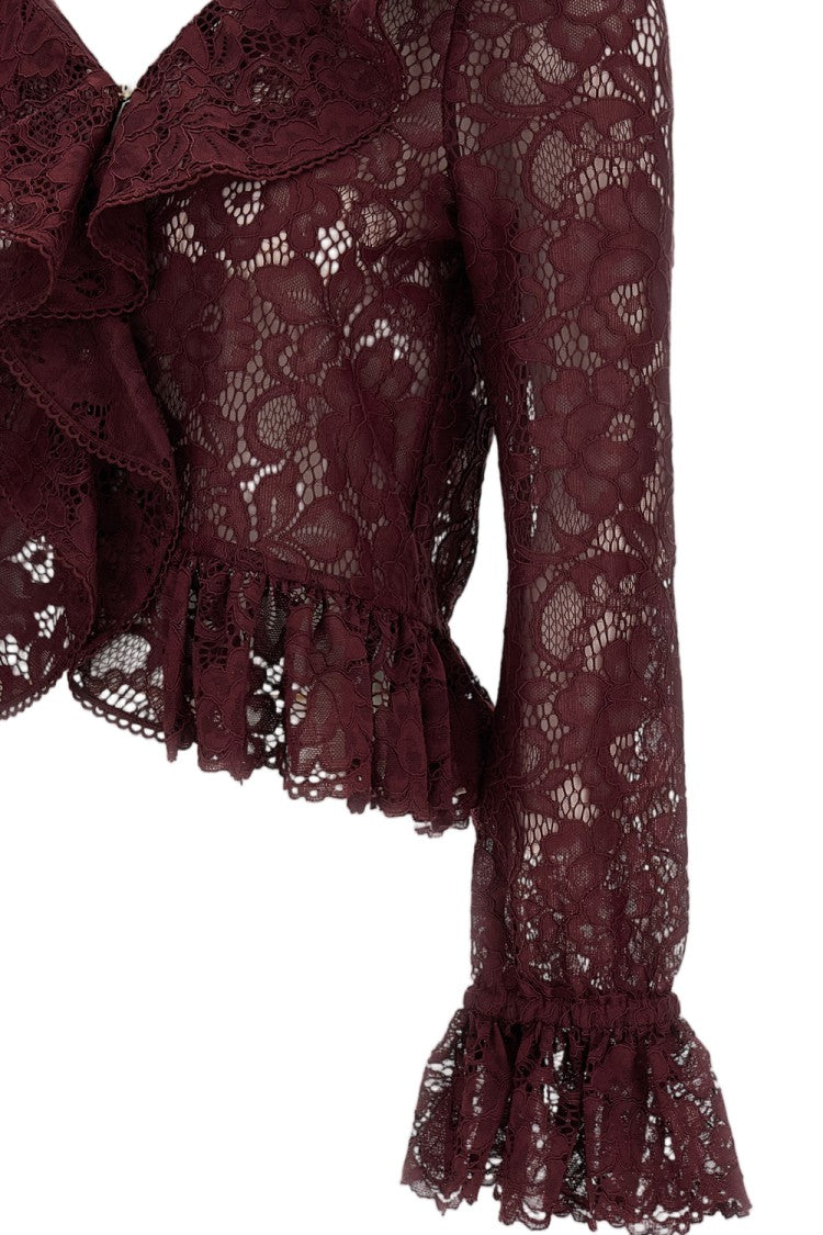 Self-Portrait Burgundy Lace Ruffle Crop Top