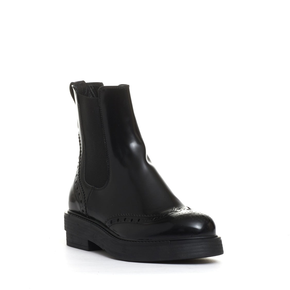 Strategia Black Leather Ankle Boots with Brogue Detailing