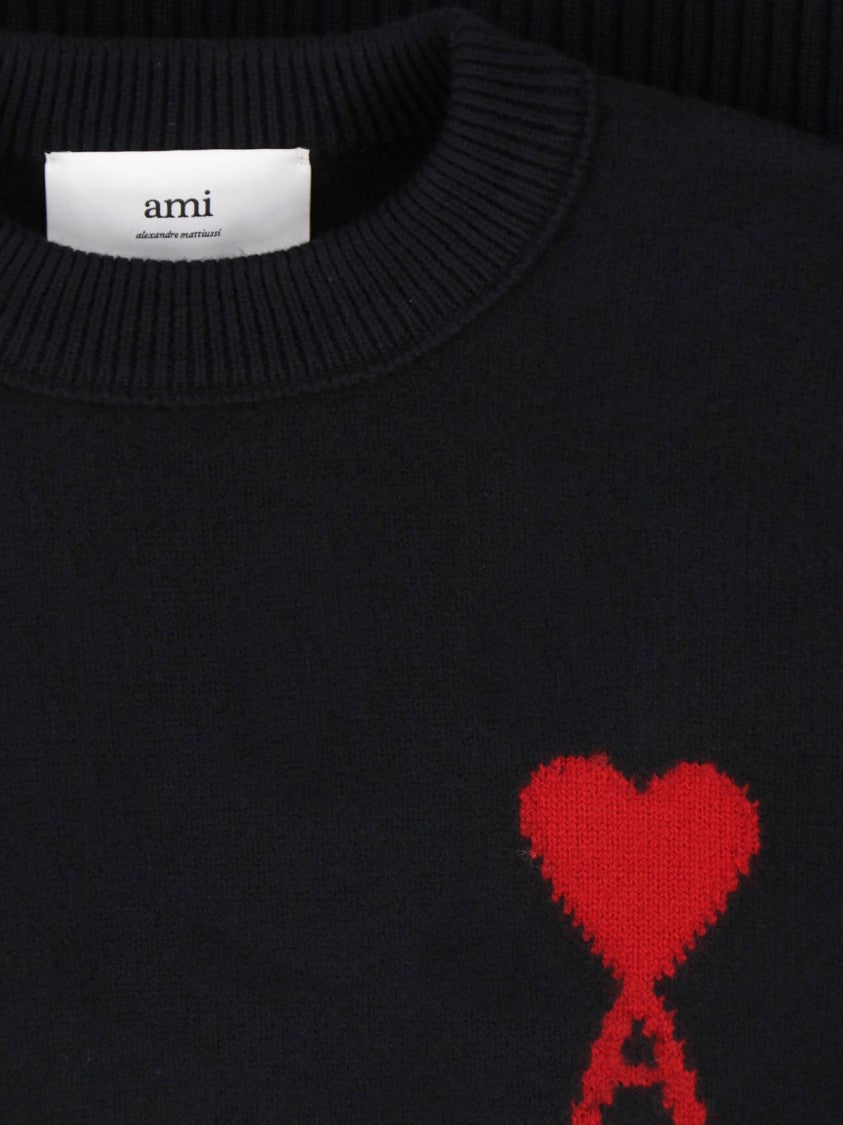 Ami Paris Dropped Shoulder Black Wool Sweater With Contrast Logo