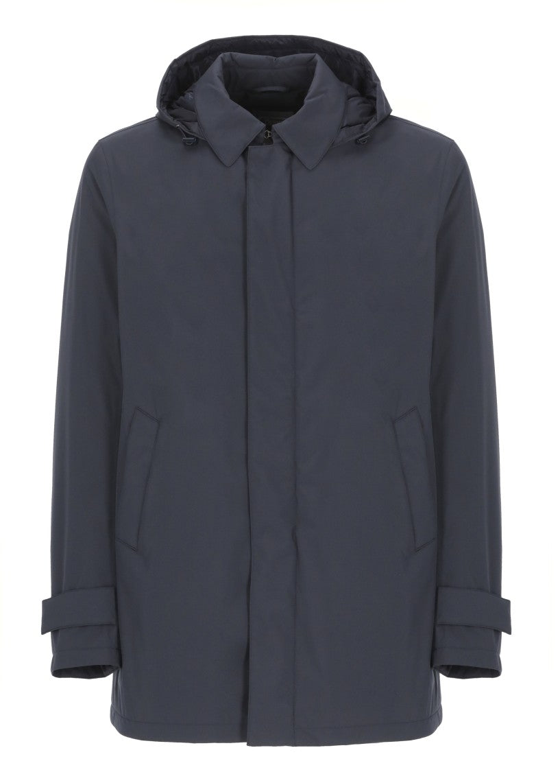 Herno Dark Blue Long Down Jacket With Removable Hood