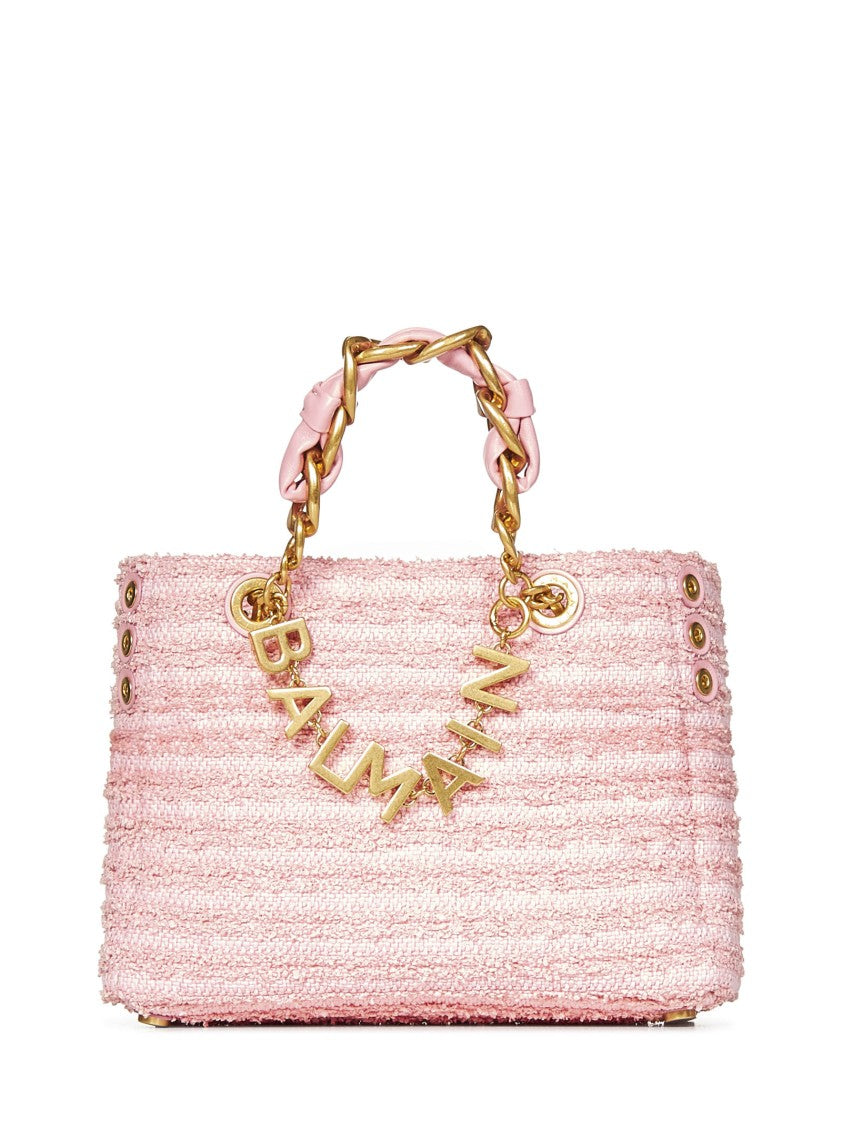 Balmain Tweed-Effect Raffia Small Shopper Bag