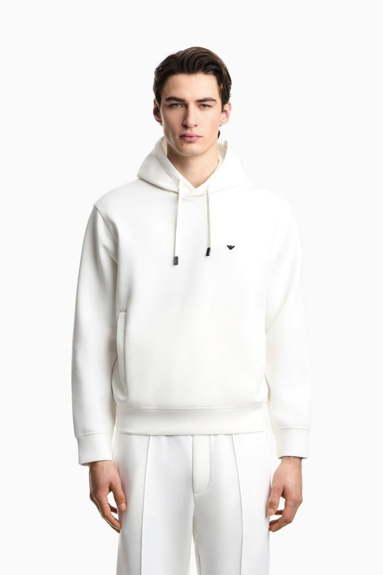 Emporio Armani White Cotton-Blend Drawstring Hoodie