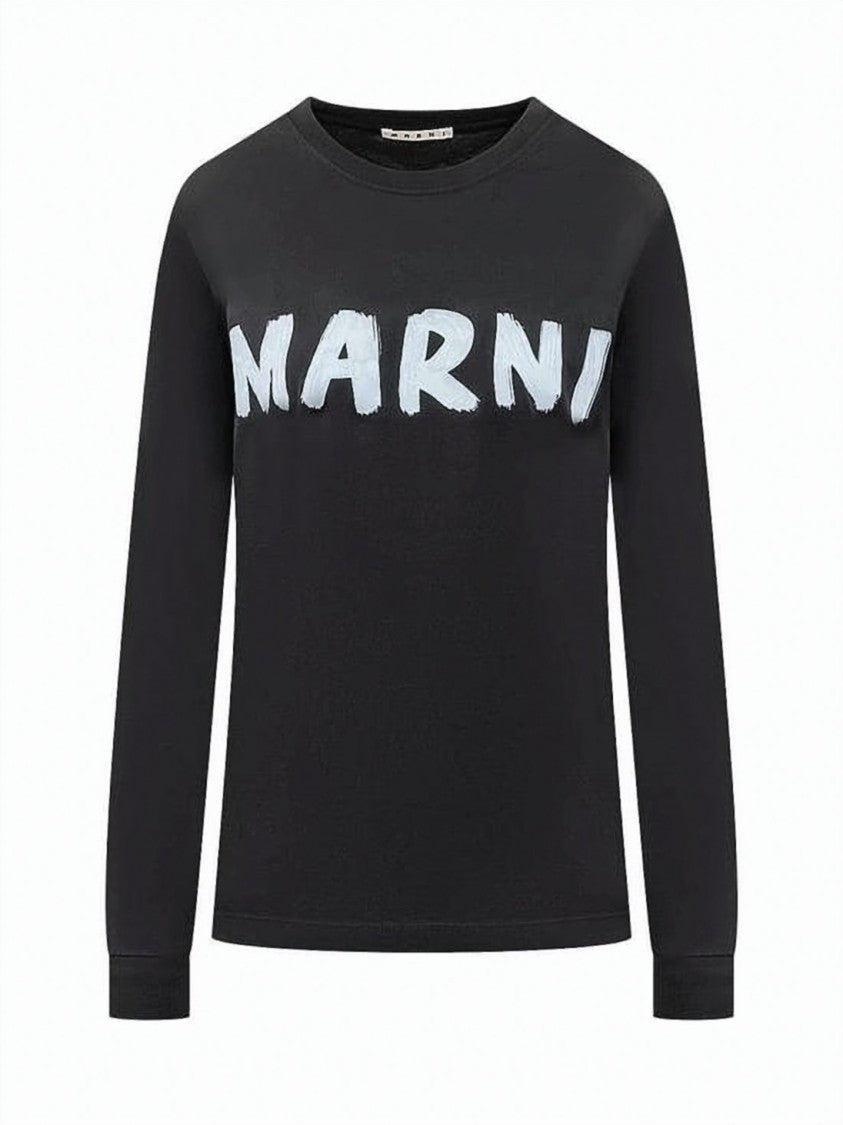 Marni Long-Sleeve Graphic Tee With Crew Neckline And Ribbed Cuffs
