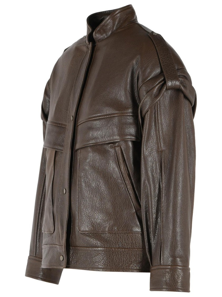 Salvatore Santoro Rich Brown Leather Bomber Jacket With Raised Collar And Unique Detailing