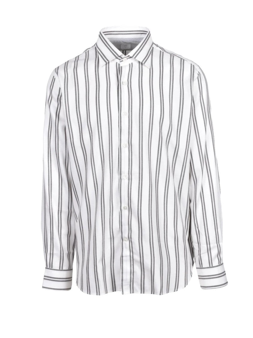 Eleventy White/Brown Striped Cotton-Blend Flannel Shirt