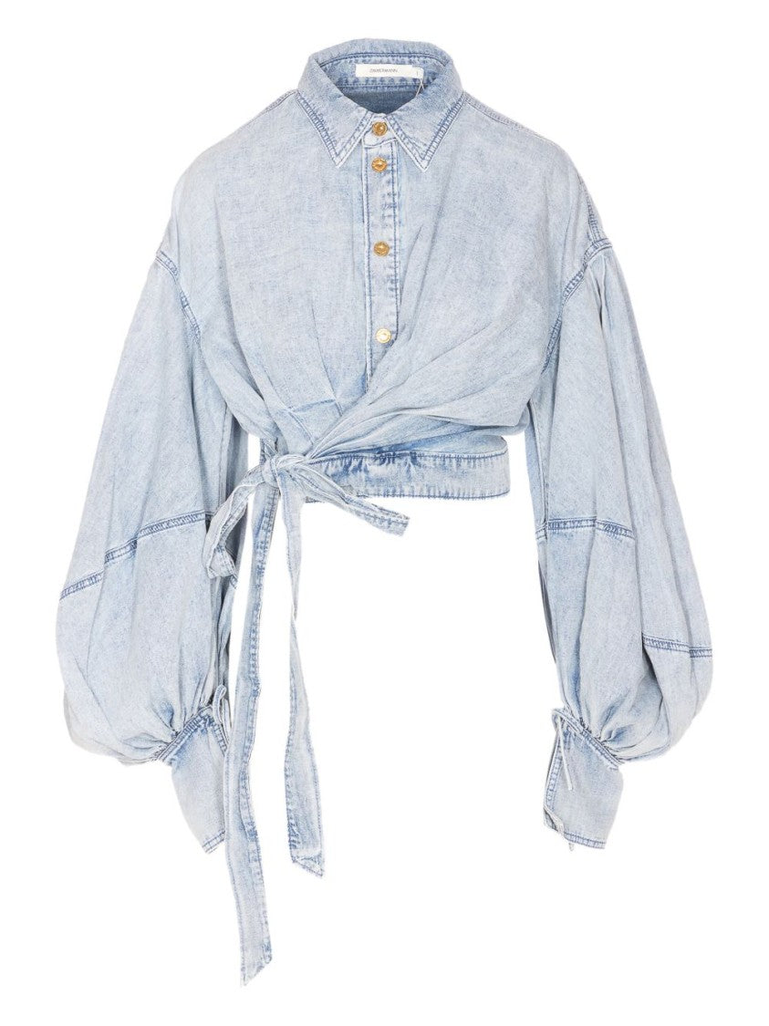 Zimmermann Cropped Clear Blue Top With Balloon Sleeves