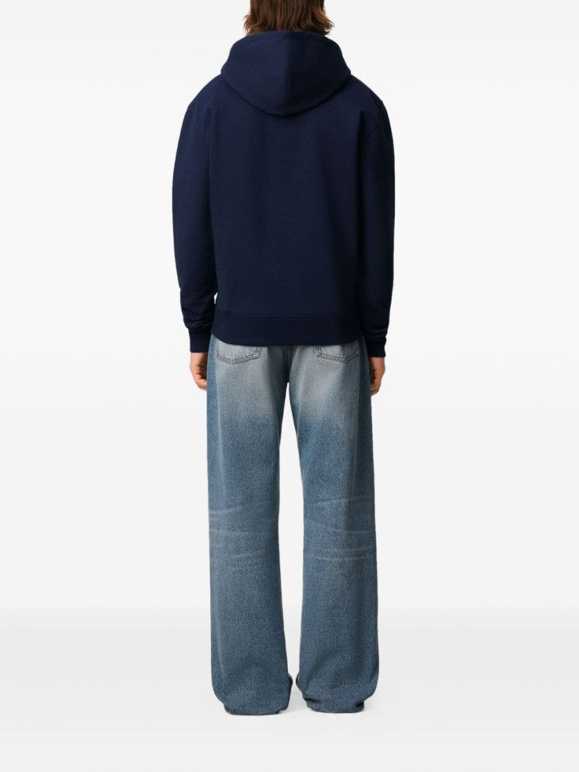 Ami Paris Navy Blue Zip-Up Hoodie With Drawstring And Embroidered Detail