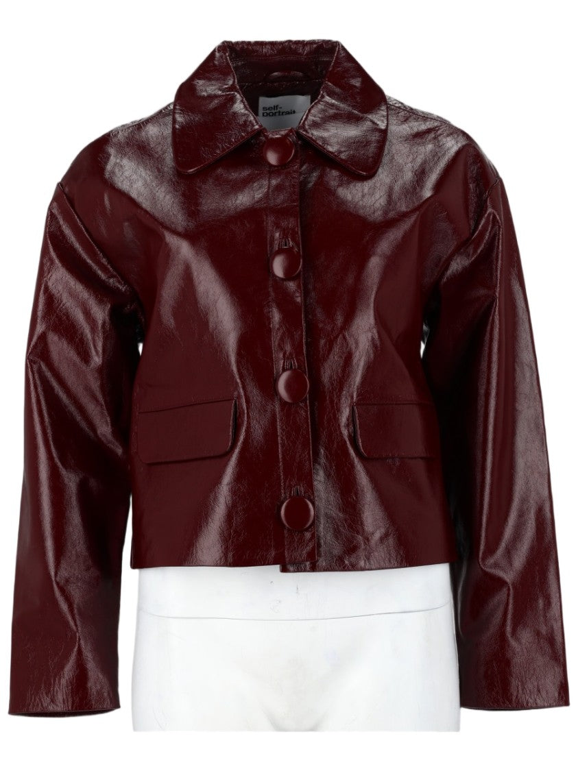 Self-Portrait Burgundy Glossy Covered-Button Leather Jacket