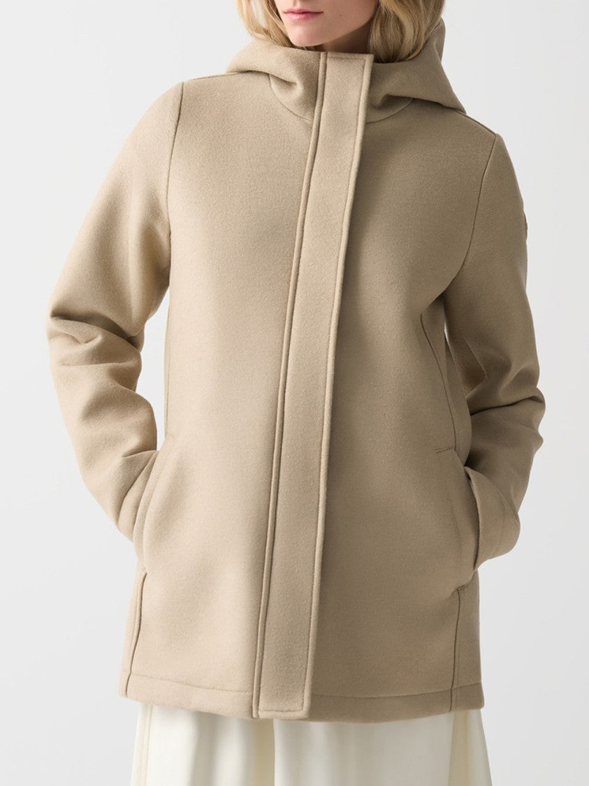 Colmar Originals Hooded Beige Wool Short Coat With Design