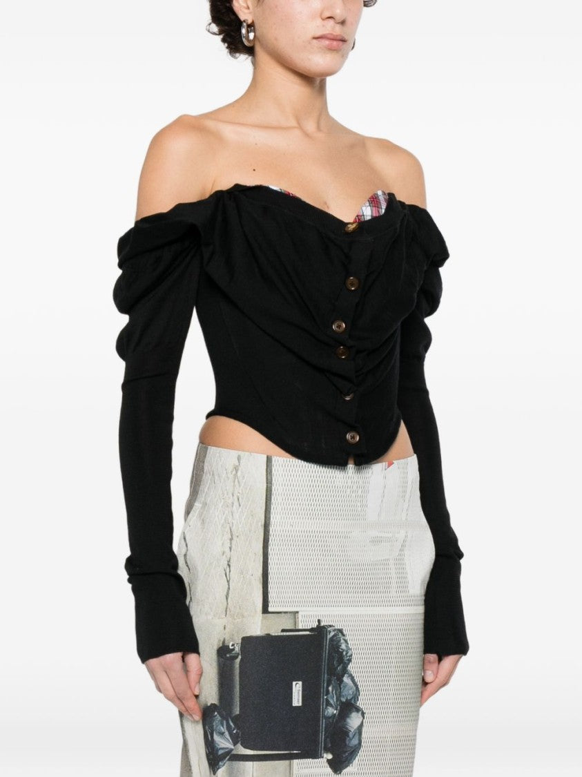 Vivienne Westwood Black Ruched Square Neck Logo Top