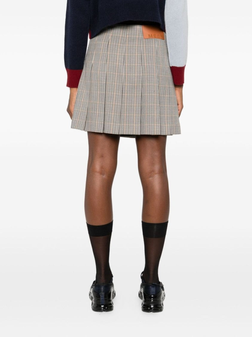 Msgm Pleated Checkered Skirt In Neutral Tones