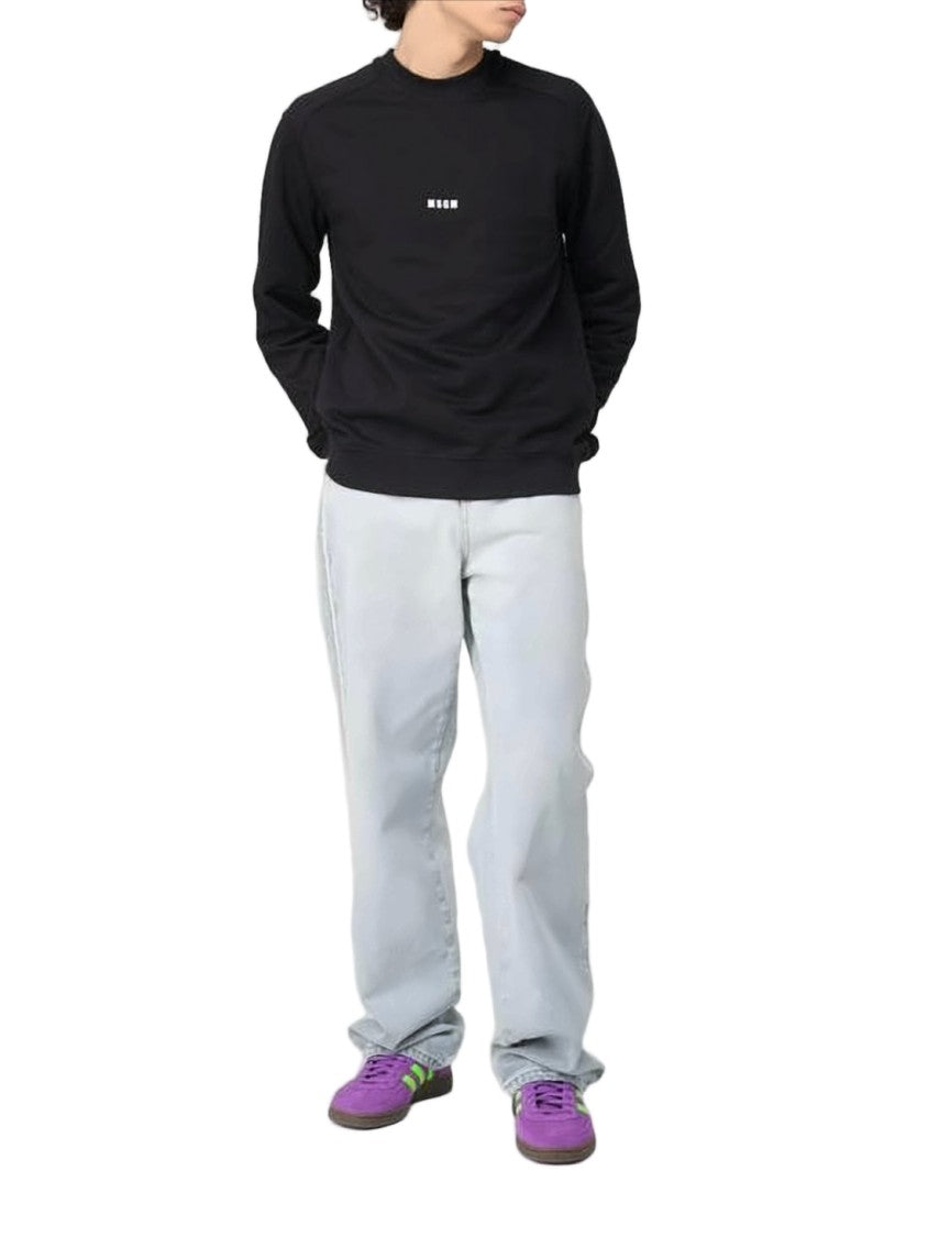 Msgm Minimalist Black Crewneck Sweatshirt With Centered Logo