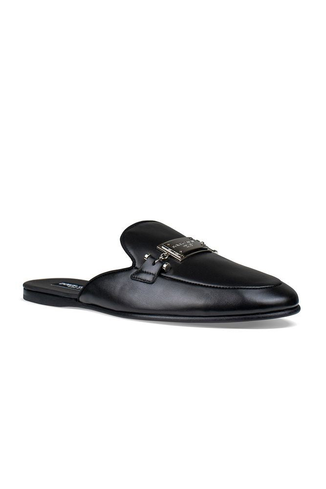 Dolce & Gabbana Black Leather Mules With Rounded Toe