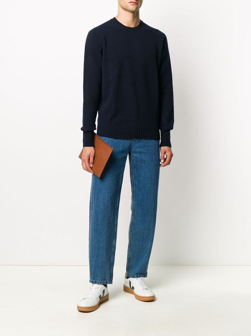 Drumohr Ribbed Hem Long-Sleeve Navy Fine Knit Sweater