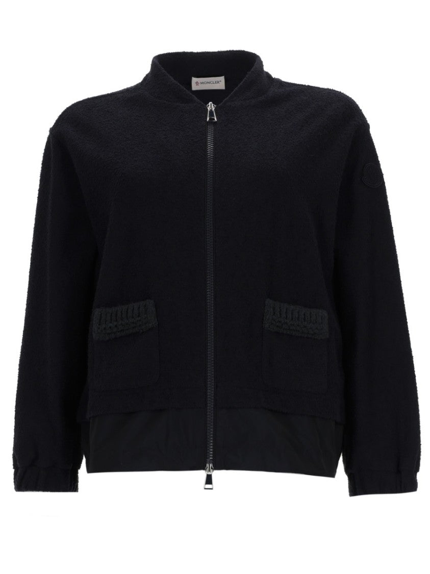 Moncler Black Textured Zip-Up Cardigan With Stand Collar And Patch Pockets