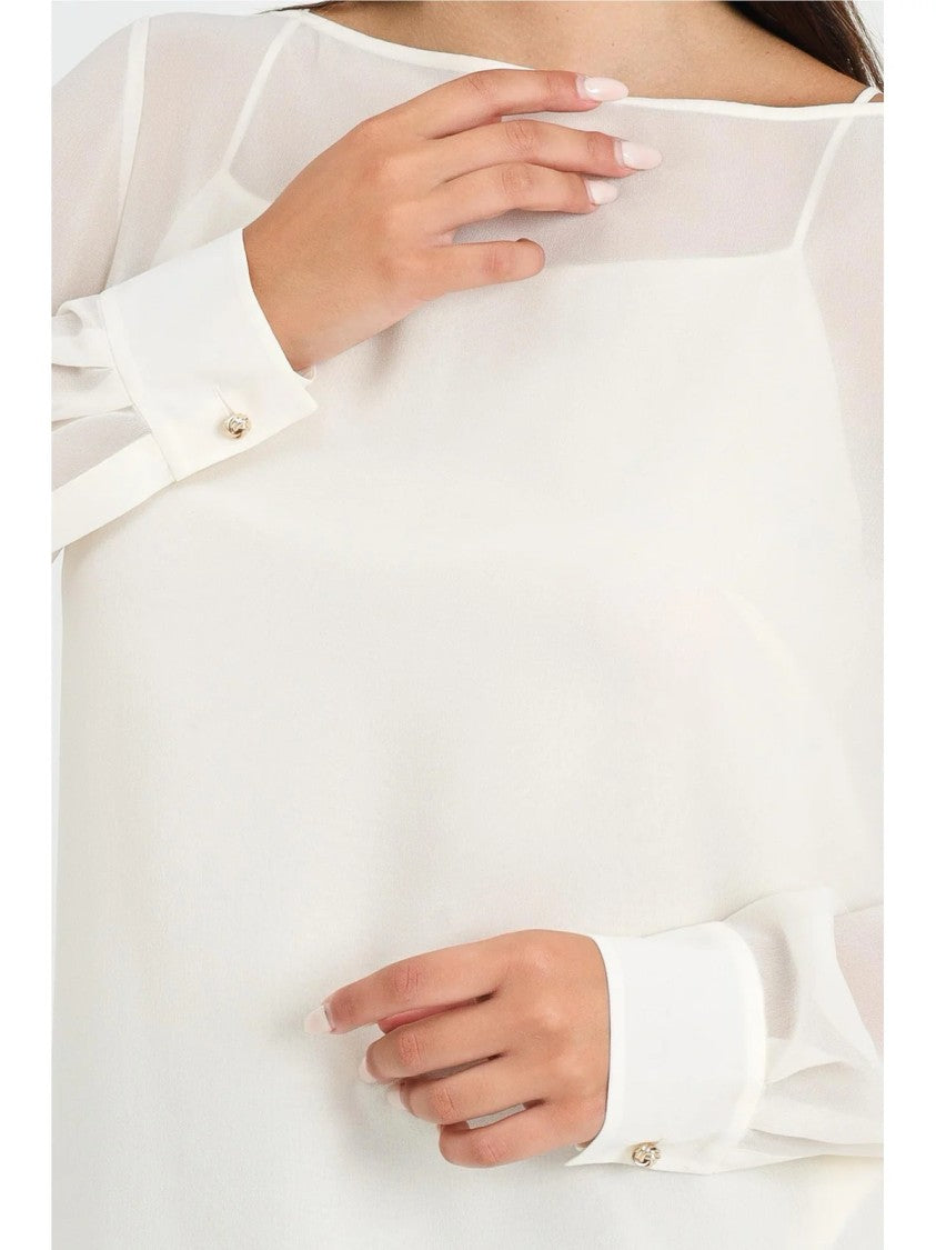 Max Mara Fluid Silk Blouse With Sheer Sleeves And Boat Neckline