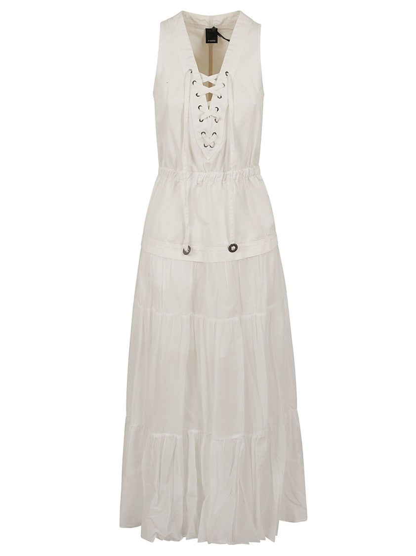 Pinko Long Boho-Chic Dress With Ruffled Skirt And Corset Detail