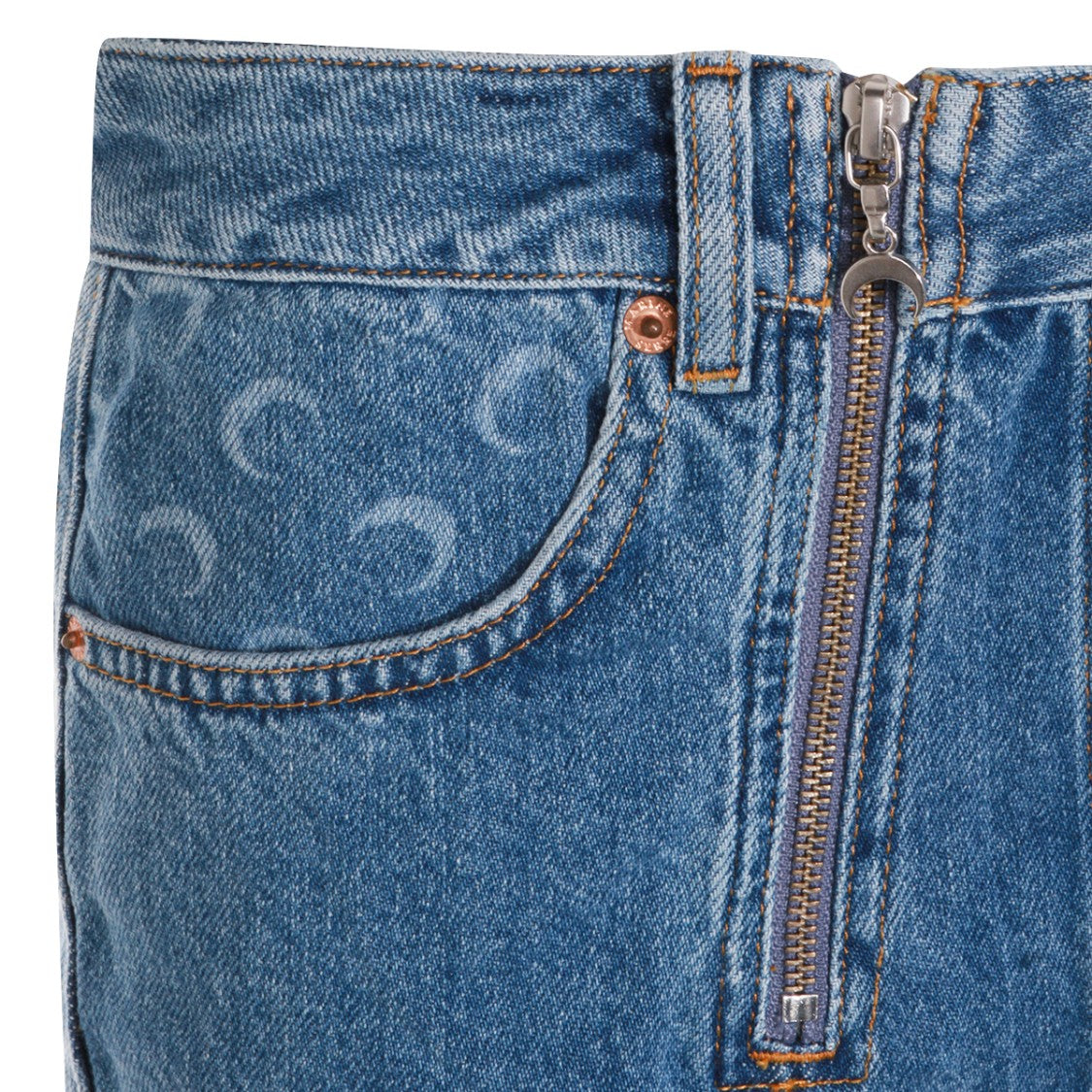 Marine Serre Denim Mini Skirt With Crescent Moon Patterns And Zip Closure