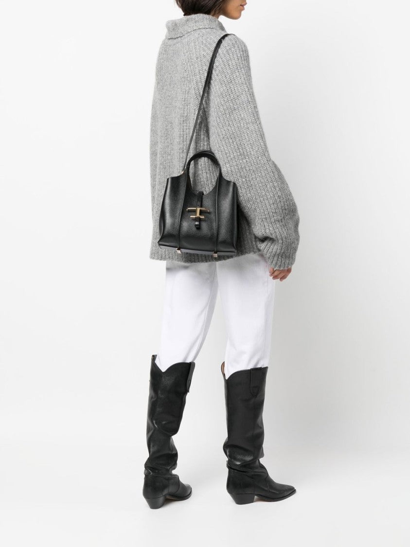 Tod's Spacious Black Leather Tote With Gold-Tone Buckle Closure