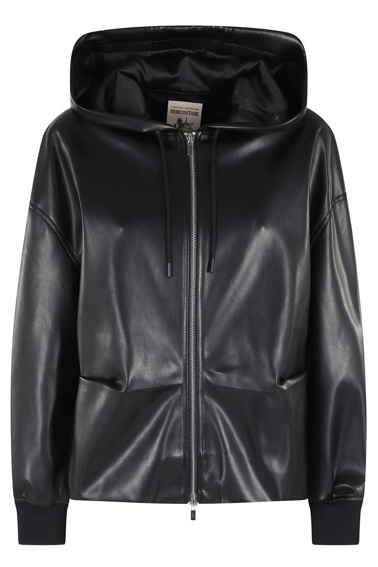 Semi Couture Black Doia Hooded Ribbed-Cuff Polyurethane Jacket