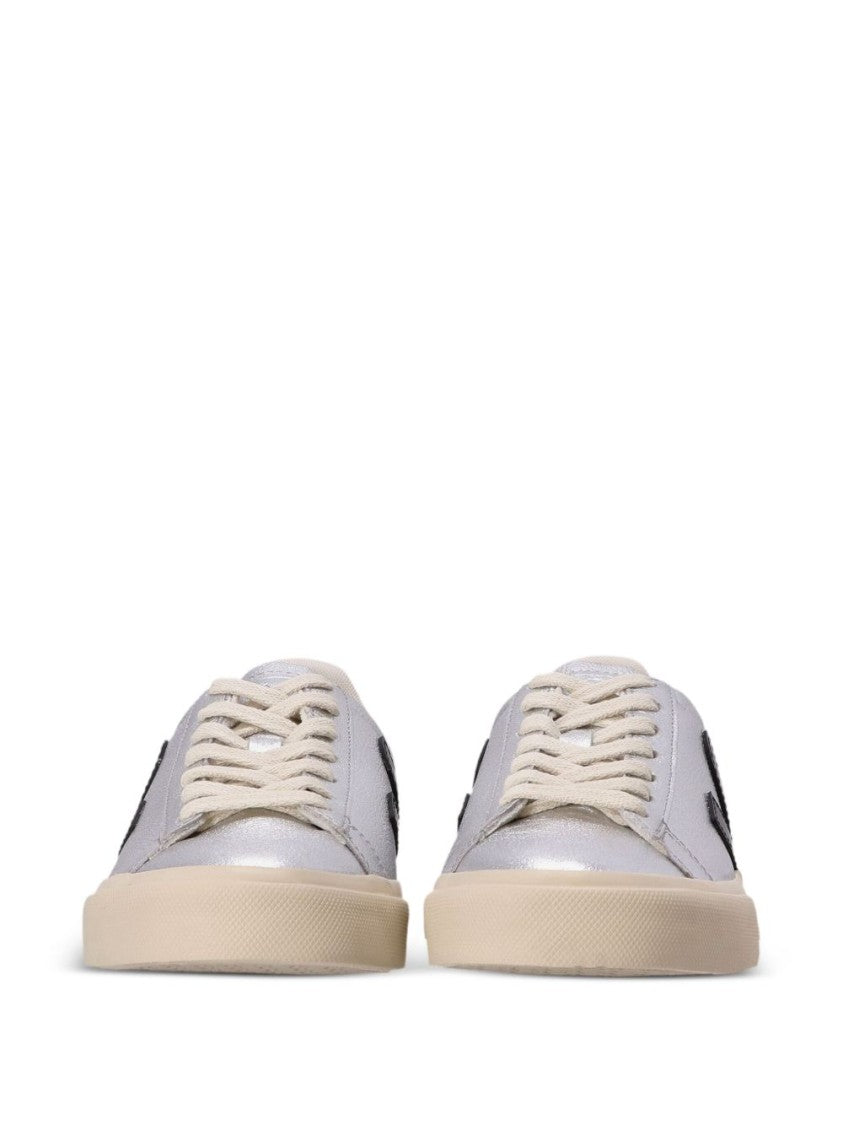 Veja Metallic Silver Leather Sneakers With Black Accents