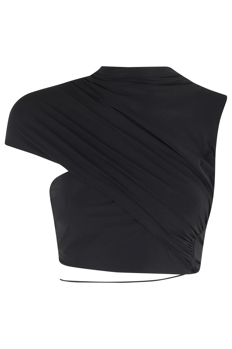 Amazuin Asymmetrical Drape High Collar Jersey Top