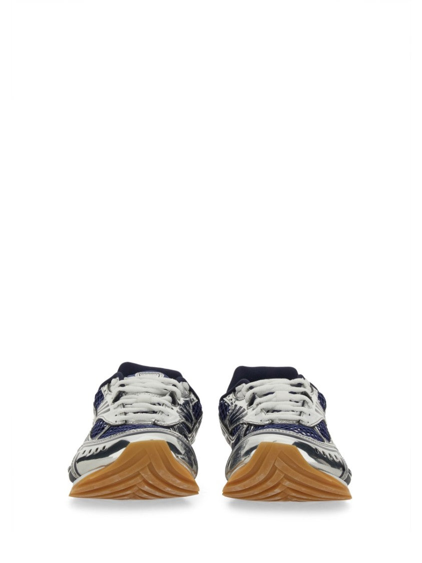 Bottega Veneta Futuristic Metallic Silver Sneakers With Navy Blue Mesh Accents