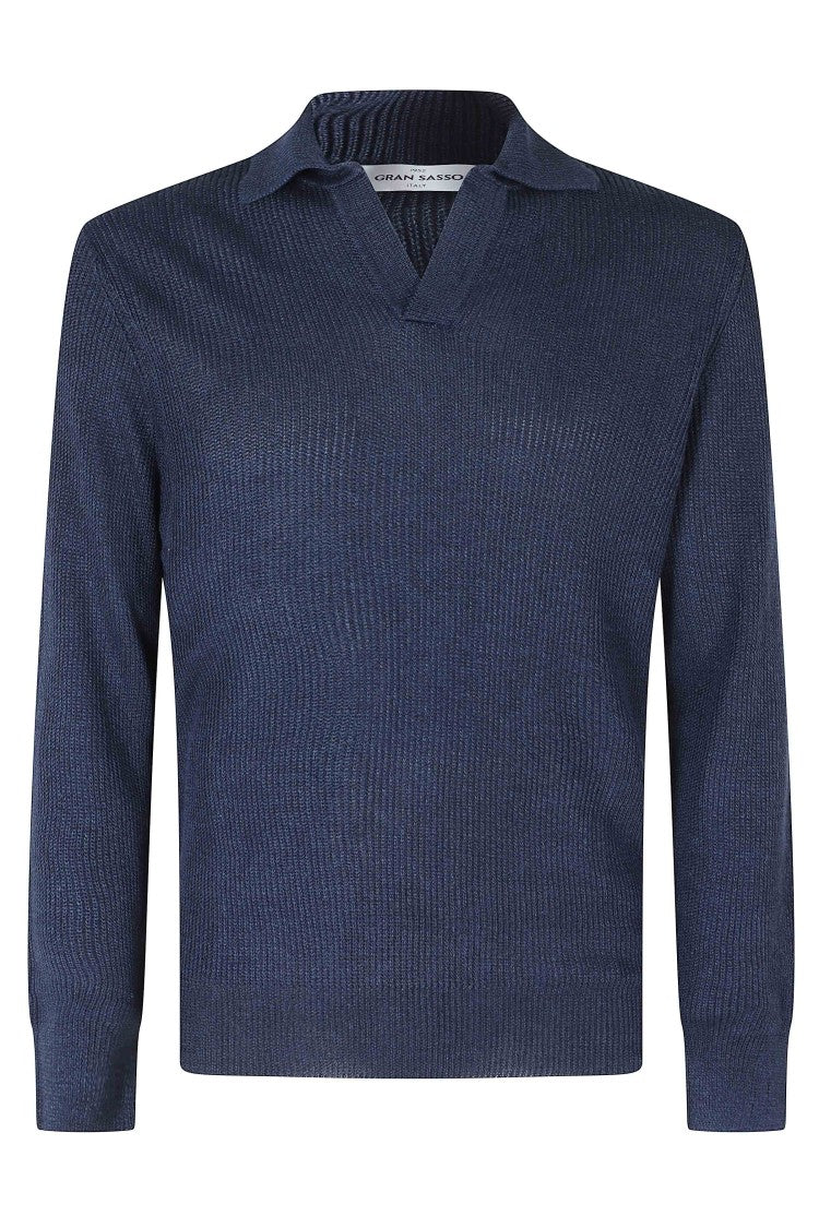Gran Sasso Blue Skipper Ribbed Trim Linen-Blend Sweater