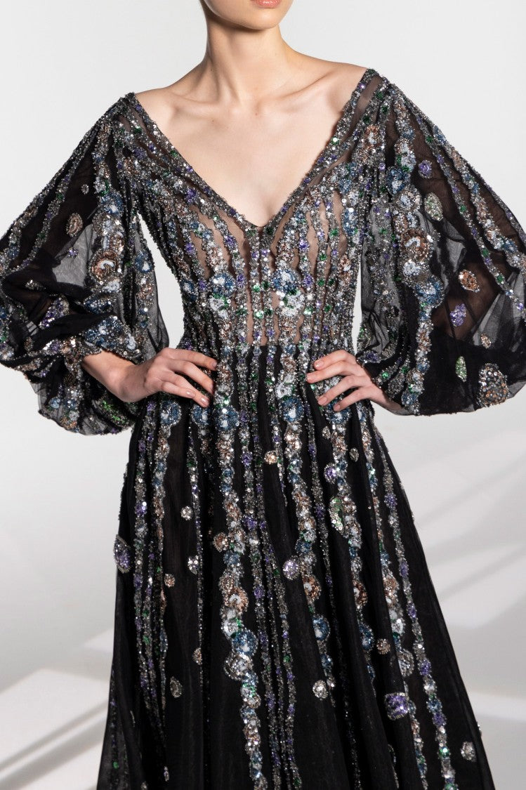 Saiid Kobeisy Tulle Beaded Dress With Bell Sleeves