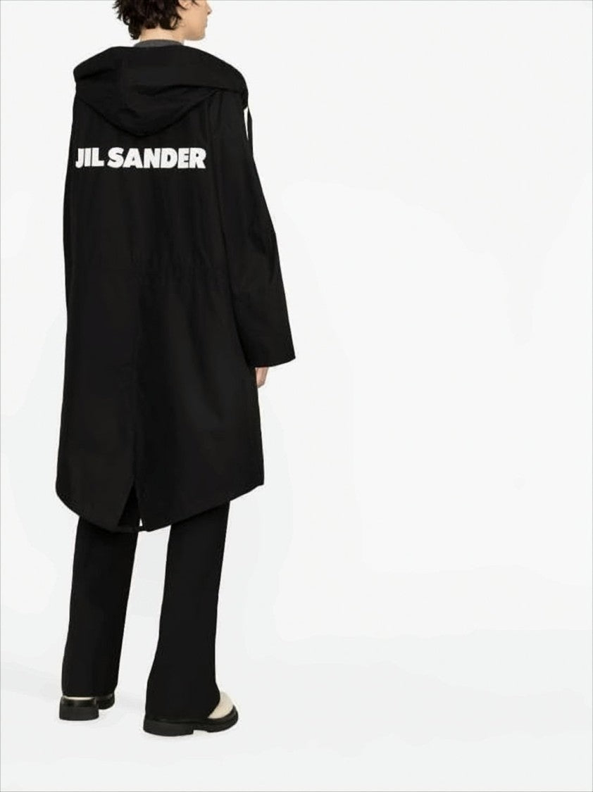 Jil Sander Hooded Black Cotton Coat With Fishtail Hem