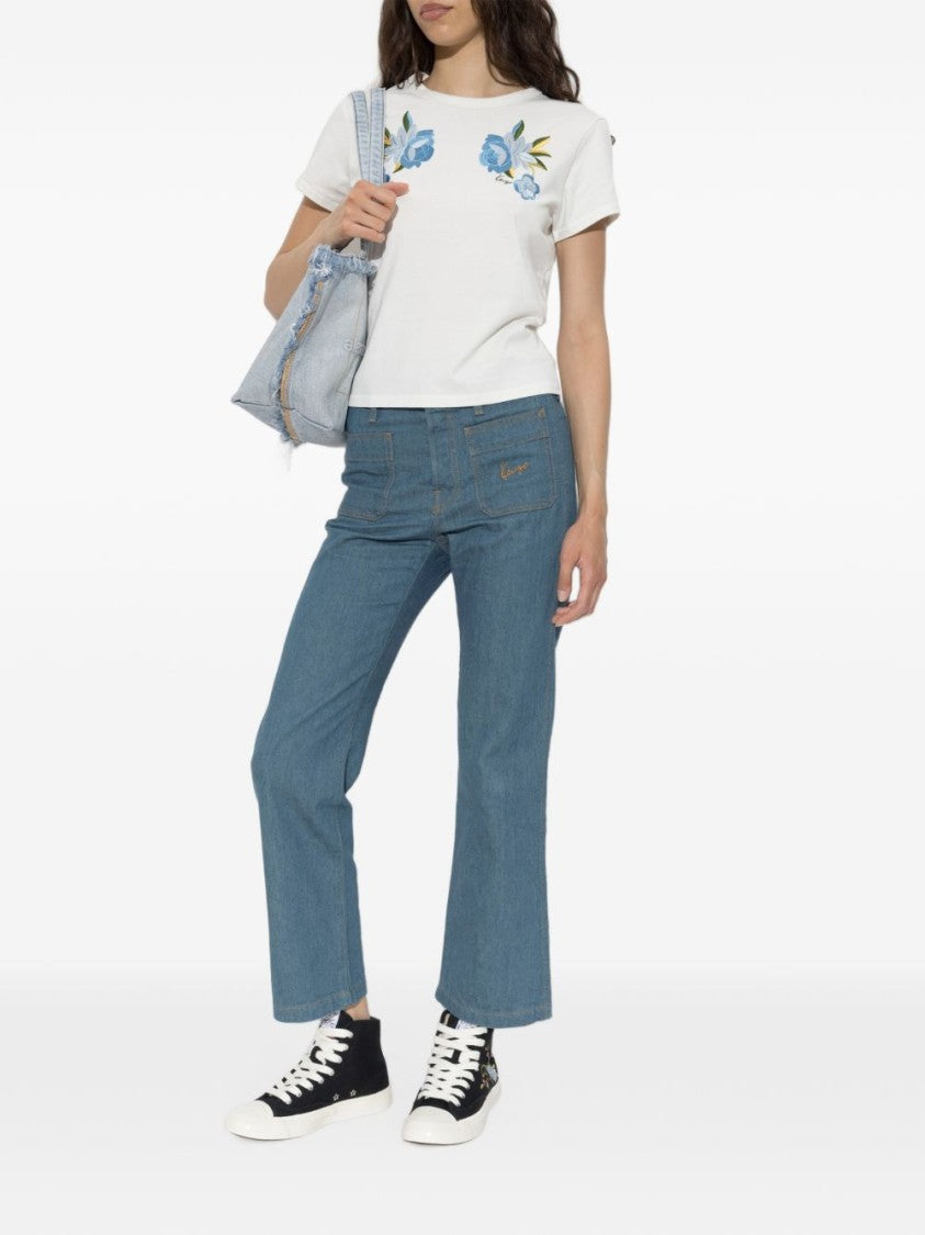 Kenzo Short-Sleeved White Top With Floral Embroidery