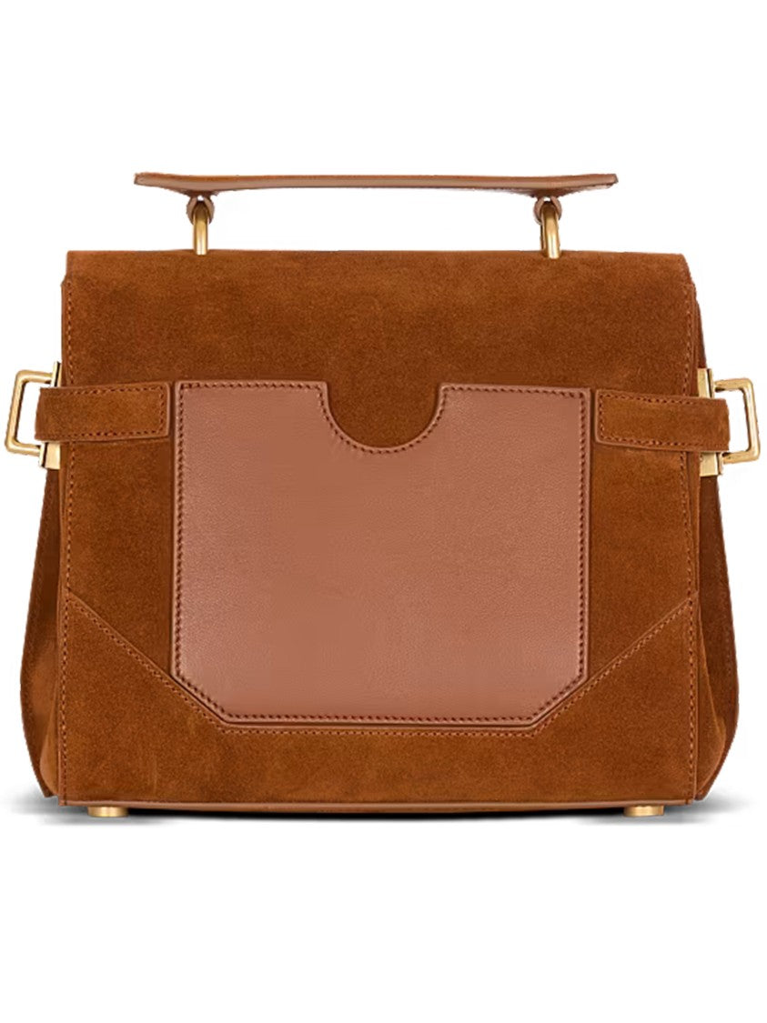 Balmain Medium Structured Suede Handbag Leather Accents