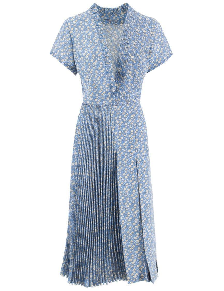 Ermanno Scervino Floral Pleated Midi Dress With Deep V-Neckline