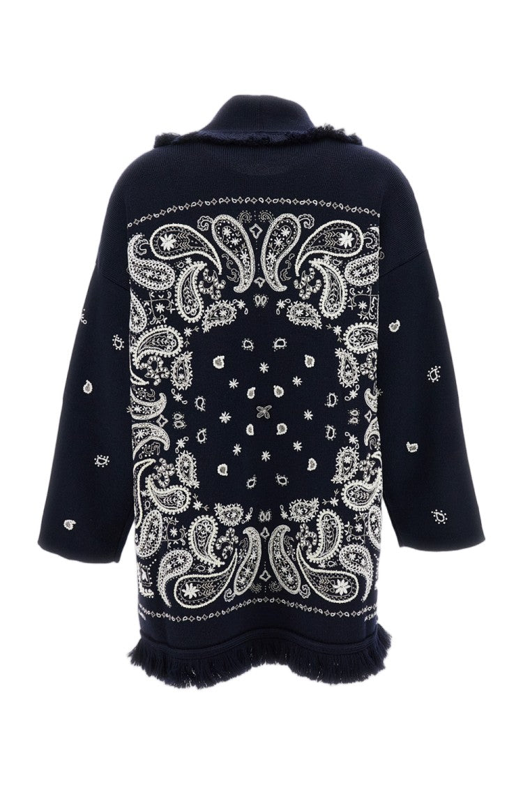 Alanui Bandana Pattern Wool Blend Cardigan With Fringed Edges