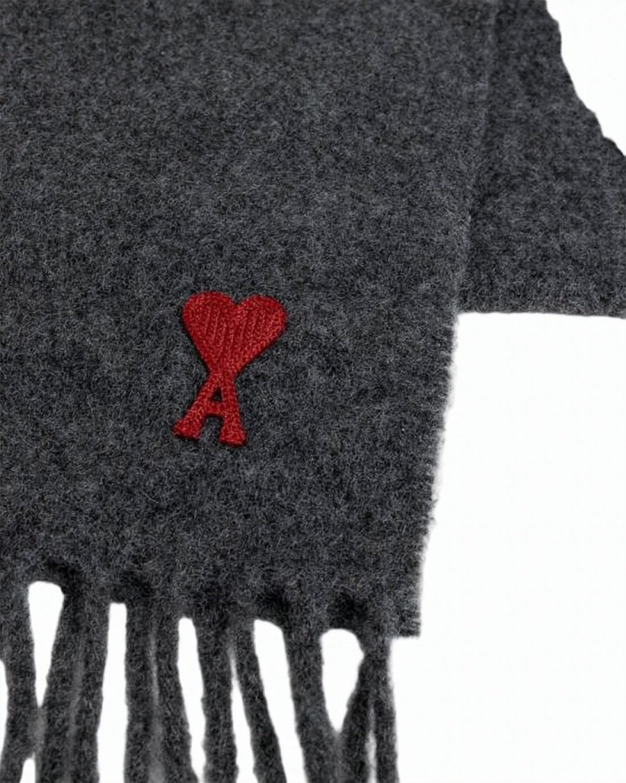 Ami Paris Textured Dark Grey Wool Scarf With Embroidered Logo