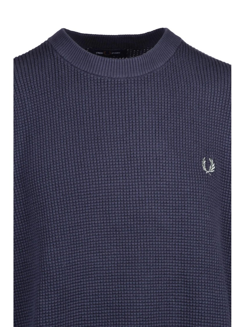 Fred Perry Blue Textured Cotton Crewneck Sweater