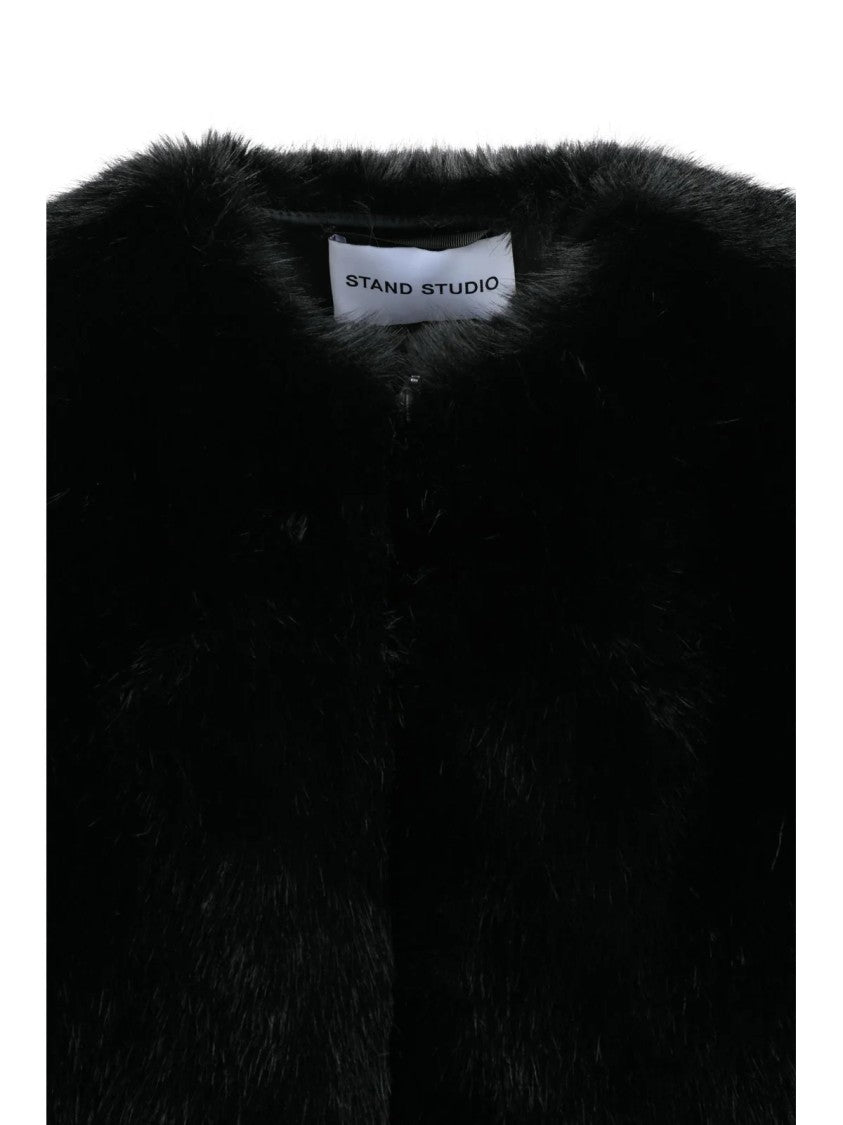 Stand Studio Black Polyester Faux Fur Jacket