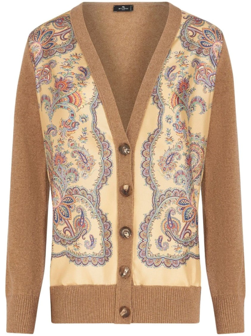 Etro V-Neck Beige Cardigan With Paisley Inner Lining