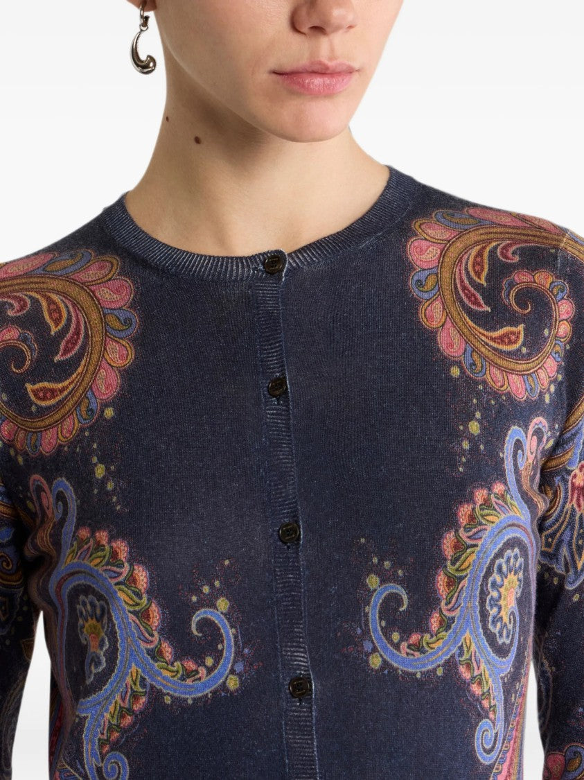 Etro Navy Paisley-Patterned Knit Cardigan