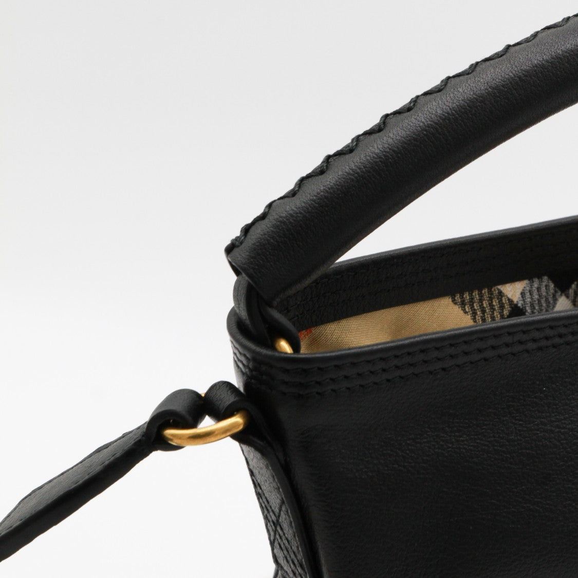 Burberry Structured Black Leather Bucket Bag With Classic Check Strap