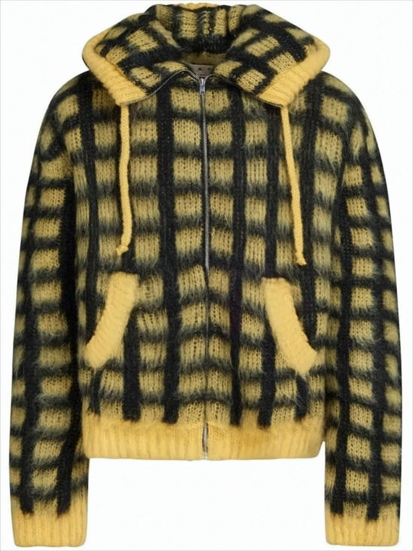 Marni Fuzzy Hooded Jacket With Bold Checkered Pattern
