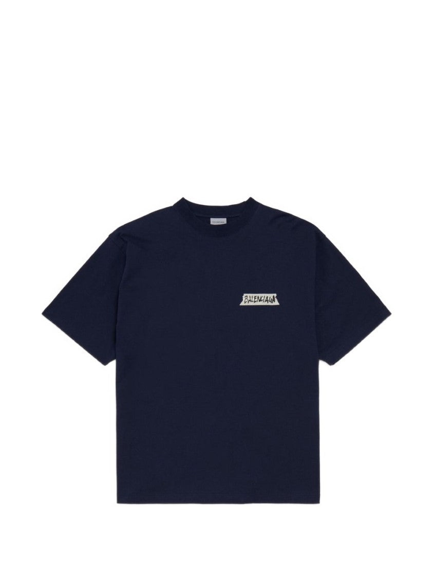 Balenciaga Navy Blue Boxy Fit Graphic Cotton T-Shirt