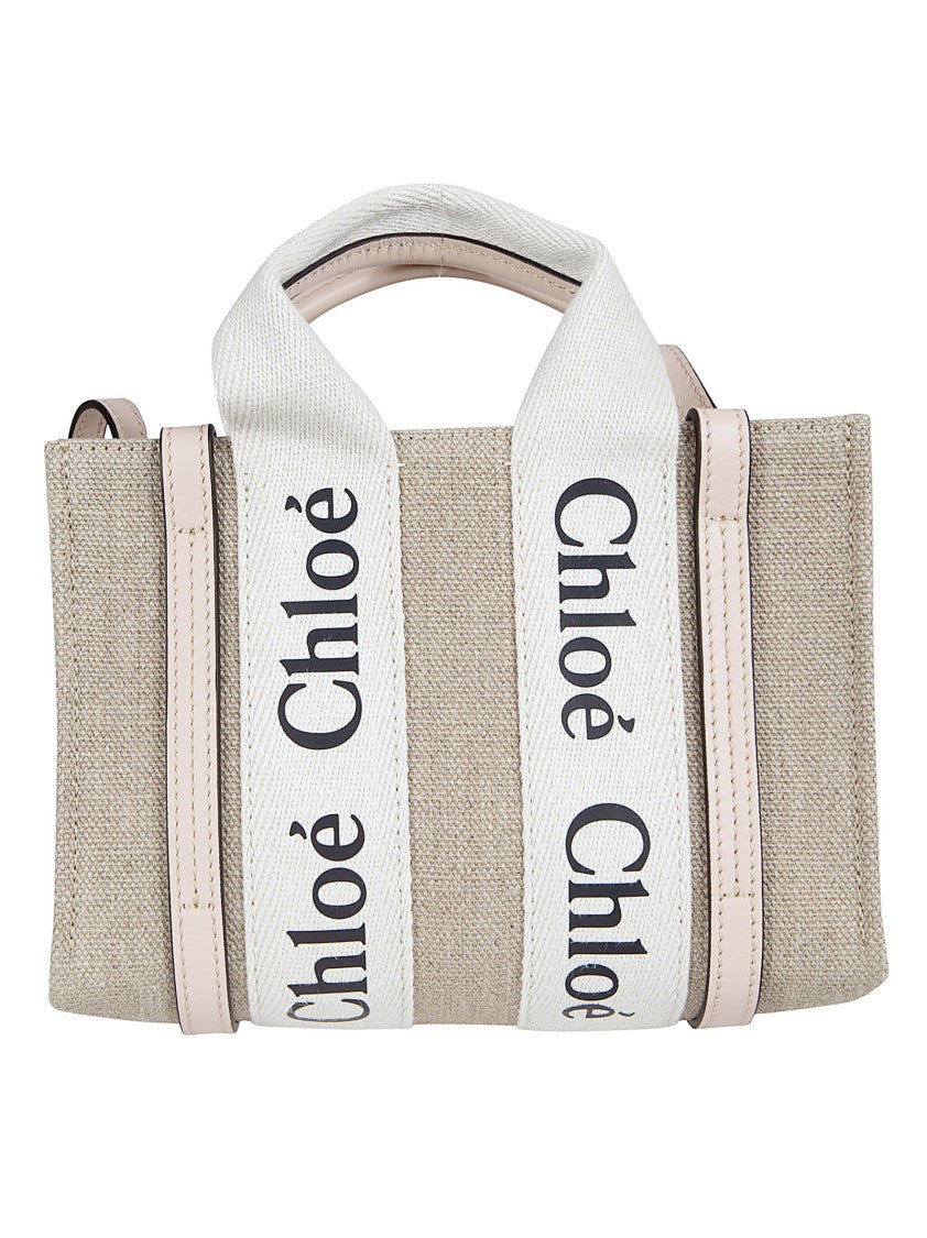 Chloé Rectangular Tote Bag In Textured Linen Canvas And Glossy Calf Leather
